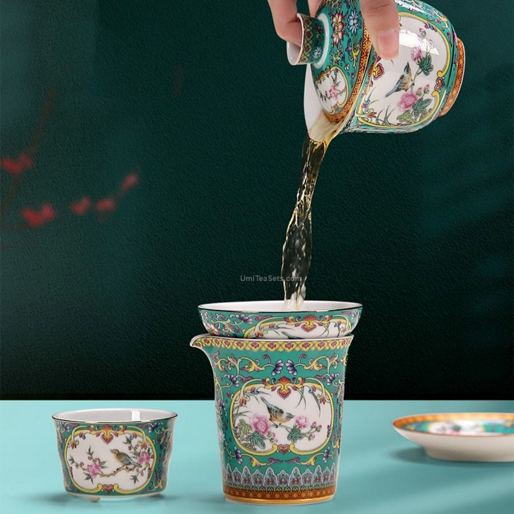 Enamel Porcelain Gaiwan Tea Set | Magpie Peach Blossom
