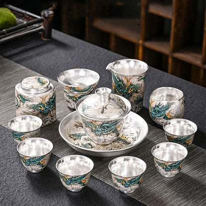 999 Sterling Silver Tea Set 11pc | Green Dragon Qinglong