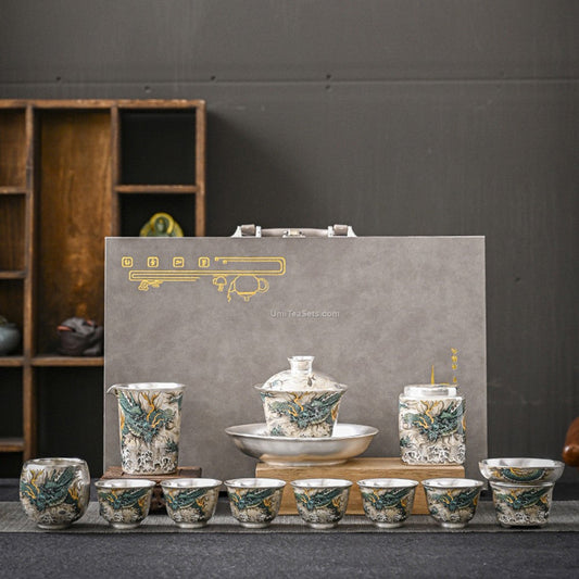 999 Sterling Silver Tea Set 11pc | Green Dragon Qinglong