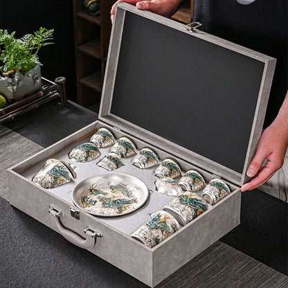 999 Sterling Silver Tea Set 11pc | Green Dragon Qinglong