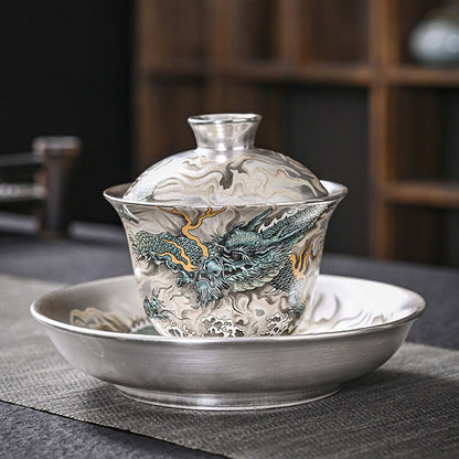 999 Sterling Silver Tea Set 11pc | Green Dragon Qinglong