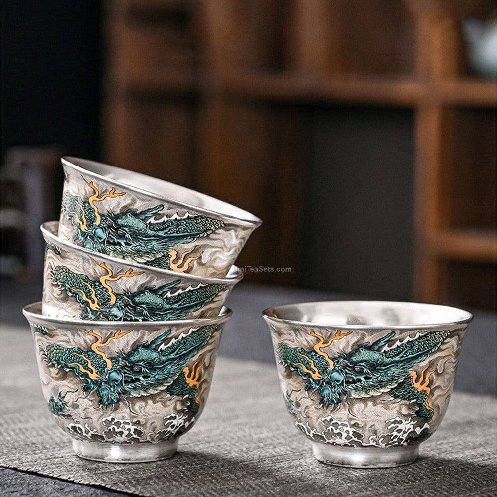 999 Sterling Silver Tea Set 11pc | Green Dragon Qinglong