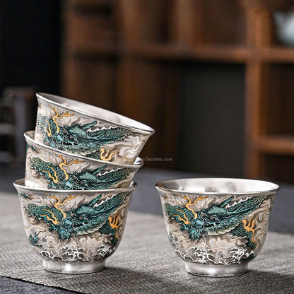 999 Sterling Silver Tea Set 11pc | Green Dragon Qinglong