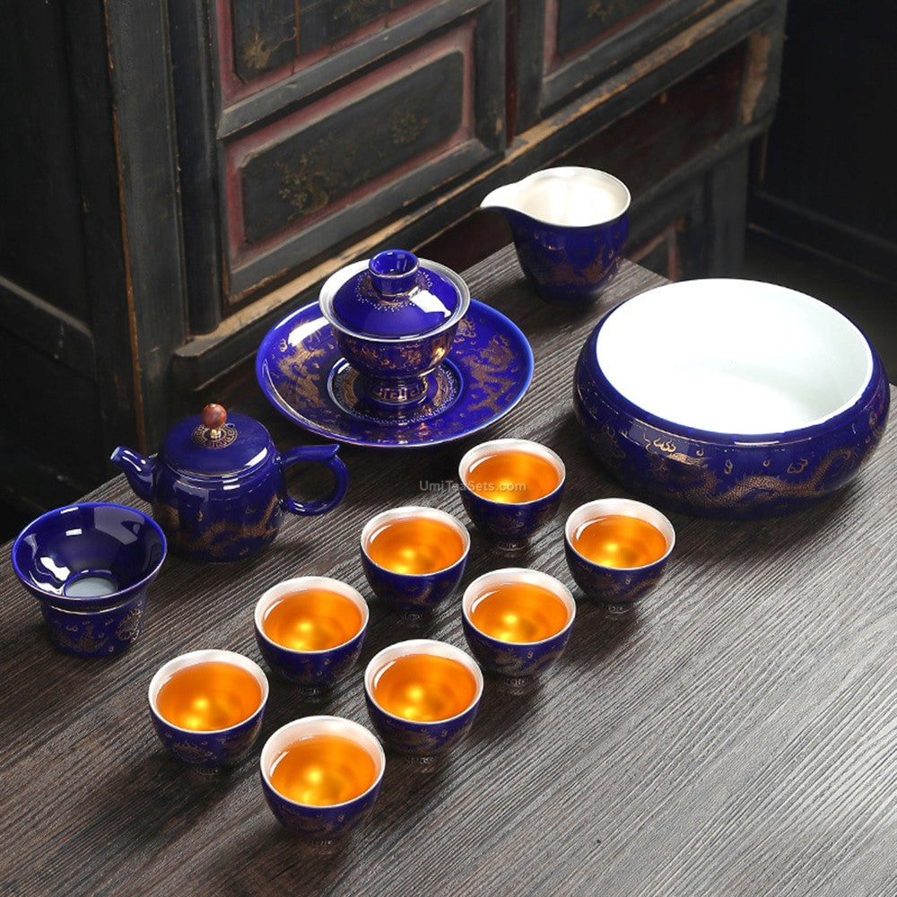 Dragon Phoenix Tea Set | Sterling Silver Lined Gold Rim 8 Cups