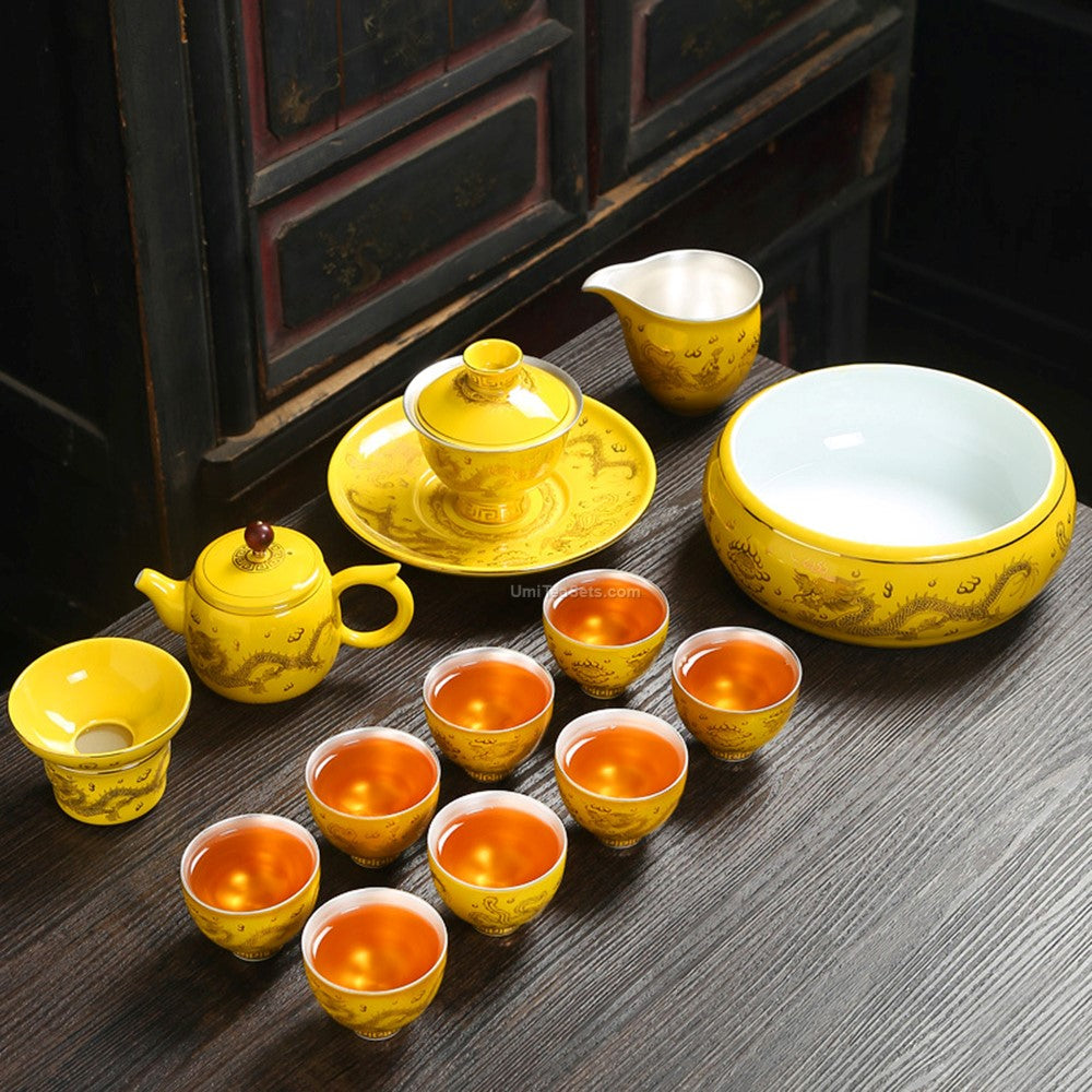 Dragon Phoenix Tea Set | Sterling Silver Lined Gold Rim 8 Cups