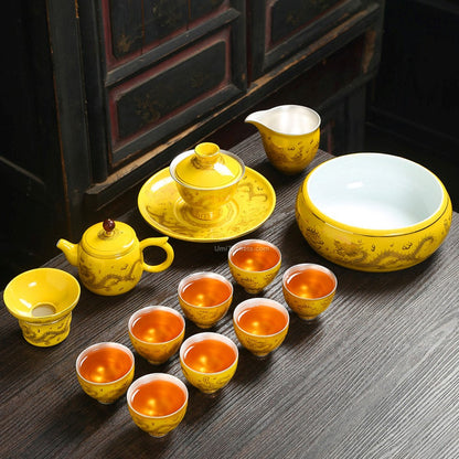 Dragon Phoenix Tea Set | Sterling Silver Lined Gold Rim 8 Cups