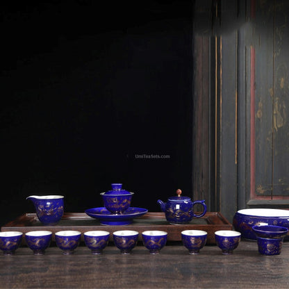Dragon Phoenix Tea Set | Sterling Silver Lined Gold Rim 8 Cups