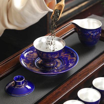 Dragon Phoenix Tea Set | Sterling Silver Lined Gold Rim 8 Cups