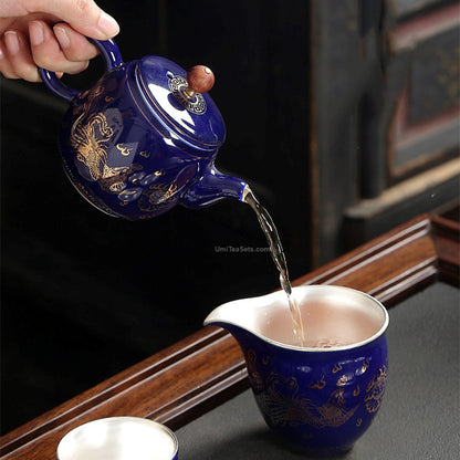 Dragon Phoenix Tea Set | Sterling Silver Lined Gold Rim 8 Cups