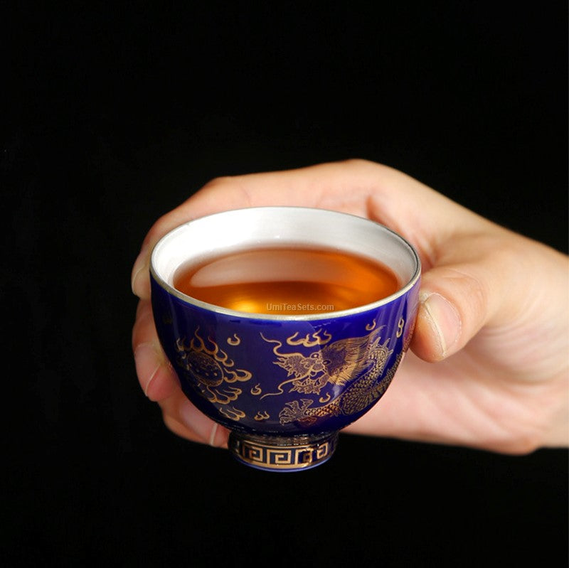 Dragon Phoenix Tea Set | Sterling Silver Lined Gold Rim 8 Cups