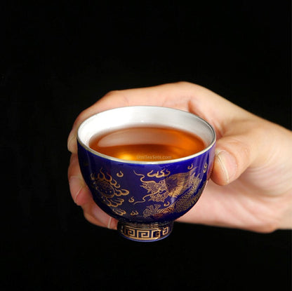 Dragon Phoenix Tea Set | Sterling Silver Lined Gold Rim 8 Cups