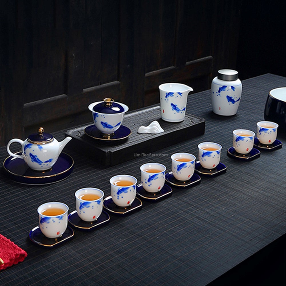 Hand-Painted Goldfish Porcelain Chinese Tea Set | 25-Piece Gongfu Tea Gift