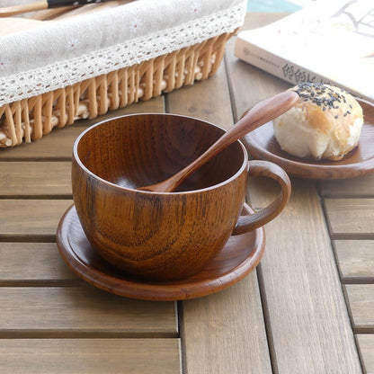 Wooden Tea Cup Set | Jujube Wood Cups Saucers & Spoons