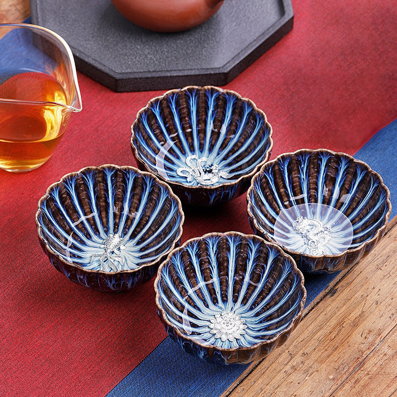 Jianzhan Blue Gongfu Tea Cup Sterling Silver Interior 4 Styles