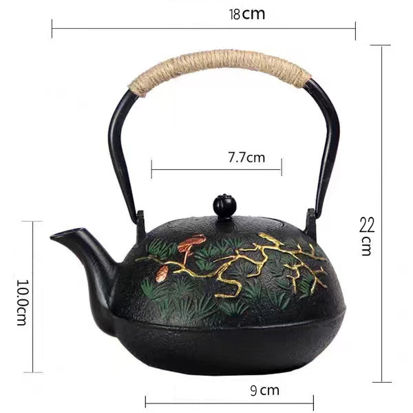 Cast Iron Teapot – Guest-Greeting Pine Engraved Tetsubin | Hemp Rope Handle, 1200ml Gongfu Tea Kettle