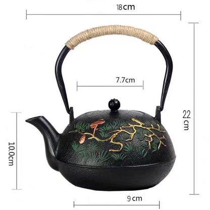 Cast Iron Teapot – Guest-Greeting Pine Engraved Tetsubin | Hemp Rope Handle, 1200ml Gongfu Tea Kettle