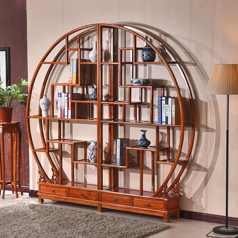 Display Cabinet Chinese Curio Round Elm Wood Shelf 206cm
