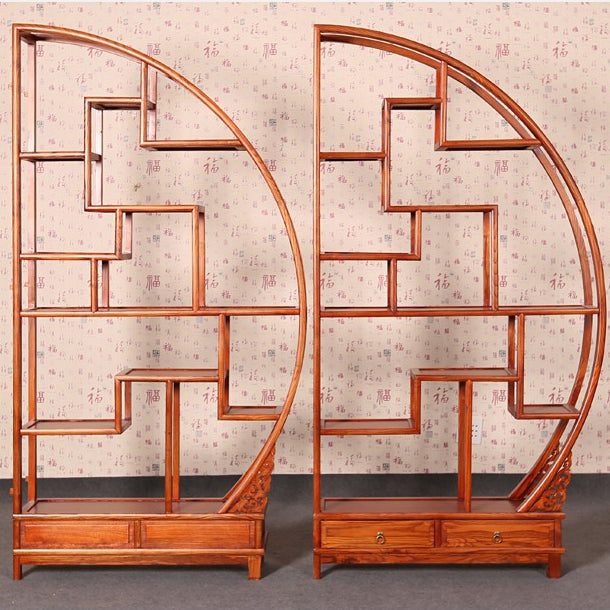 Display Cabinet Chinese Curio Round Elm Wood Shelf 206cm
