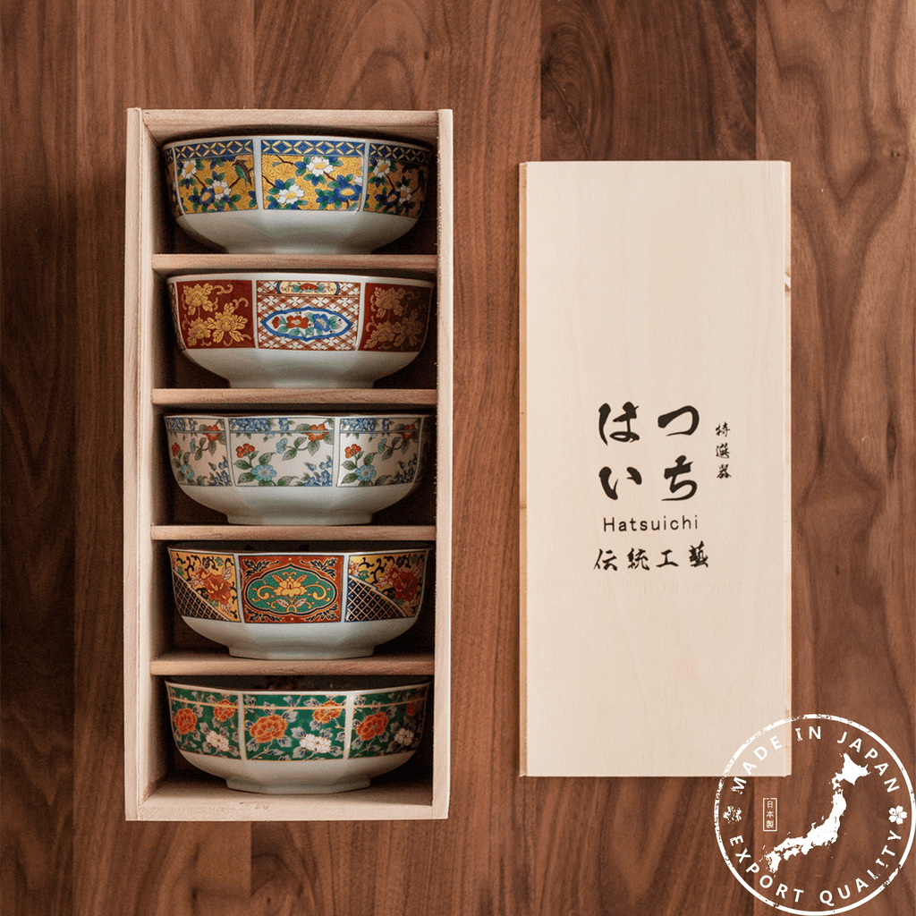 Bowl Set of 5 | Japanese Mino Ware Octagonal Court Brocade Ceramic Bowls