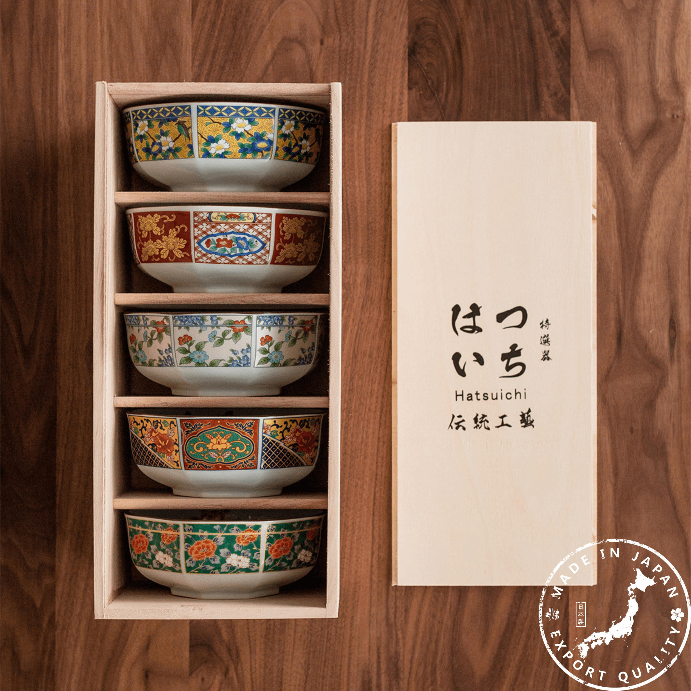 Bowl Set of 5 | Japanese Mino Ware Octagonal Court Brocade Ceramic Bowls