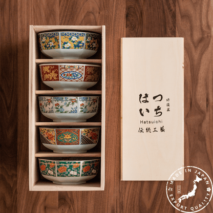Bowl Set of 5 | Japanese Mino Ware Octagonal Court Brocade Ceramic Bowls