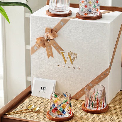 Whiskey Glass Rotating Stained Crystal | Wooden Base Gift Set
