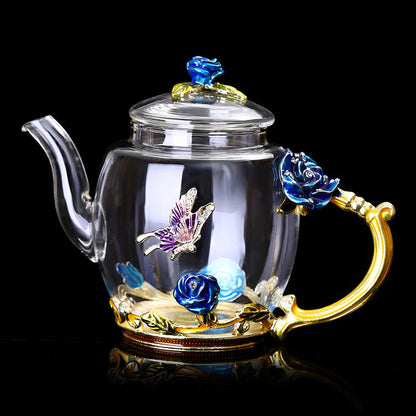 Glass Teapot & Cup Set – Metallic Floral 6 Cups Red Blue