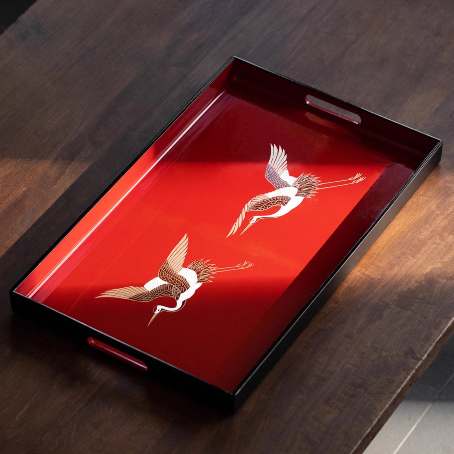 Crimson Crane Lacquer Tray – Yamanaka Shikki Gold Foil
