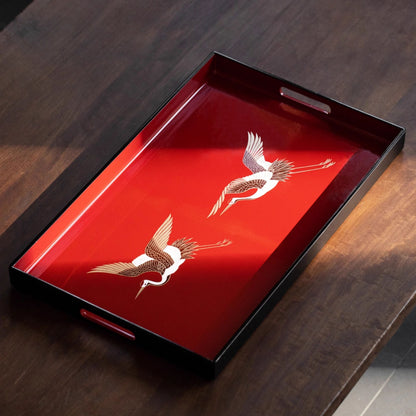 Crimson Crane Lacquer Tray – Yamanaka Shikki Gold Foil