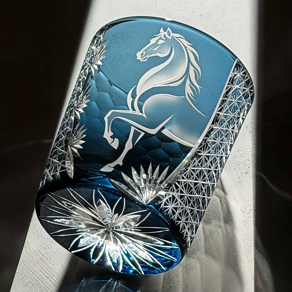 Whiskey Glass Meiba Horse | Edo Kiriko Handcrafted Crystal Glass Blue & Black