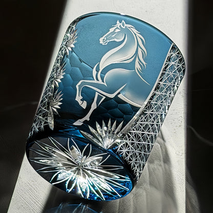 Whiskey Glass Meiba Horse | Edo Kiriko Handcrafted Crystal Glass Blue & Black