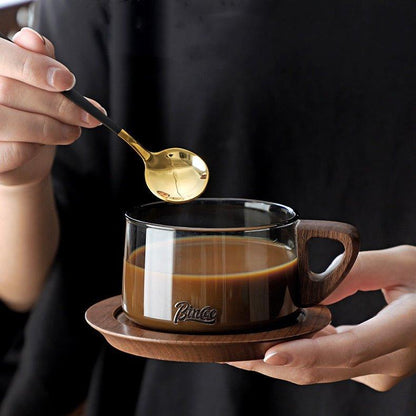 Glass Coffee Mug | Wood Handle Clear Glass Cup & Walnut Tray Set