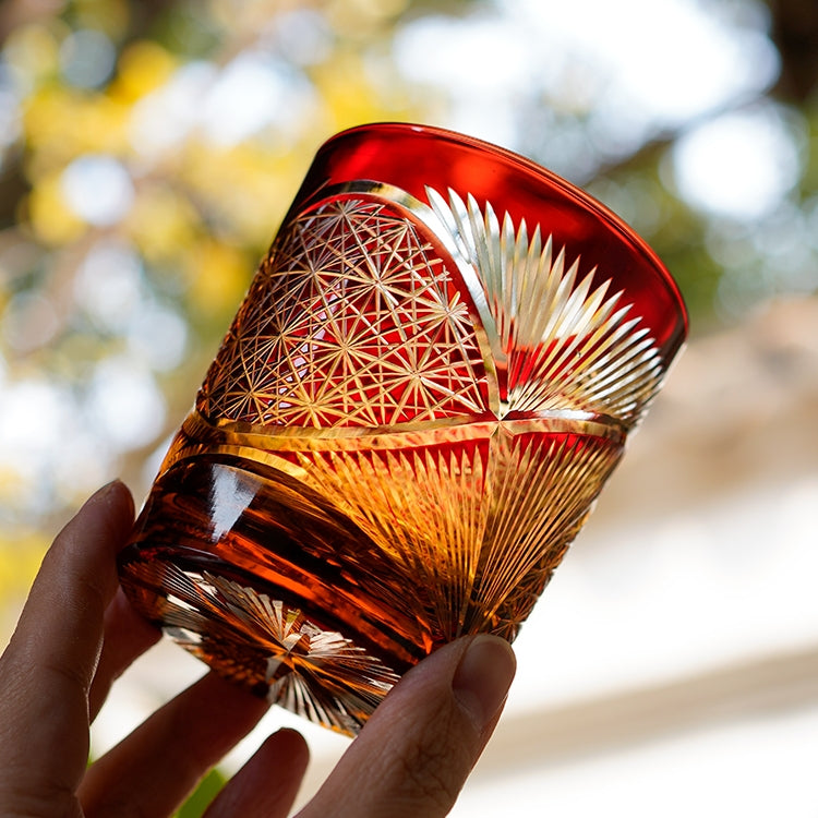 Whiskey Glass Edo Kiriko Crane Feather – Hand-Cut Japanese Tumbler with Wooden Box | 5 Amber Colors