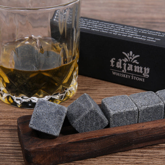 Whiskey Stones Set of 6 Natural Stone Ice Cubes with Wooden Tray – Chilling Rocks for Drinks