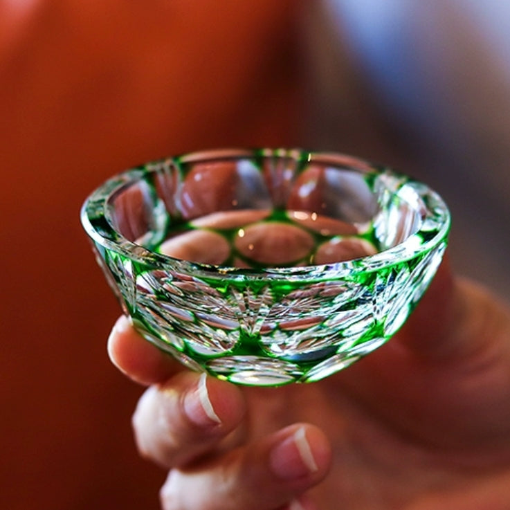 Luxury Whiskey Glass Edo Kiriko Jade Blossom Hand-Carved Crystal | Japanese Artisan Glassware