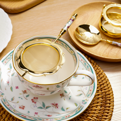 Japanese Tea Strainer Set | Porcelain Gold Floral Collection