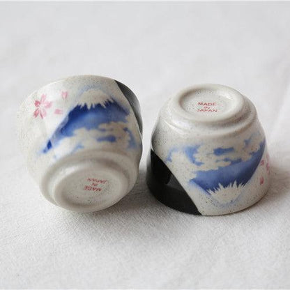Ceramic Sake Set Mount Fuji Japanese Handcrafted Flagon 2 Cups White Black
