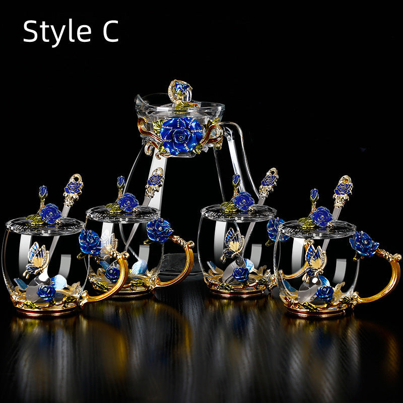 Glass Tea Cup Gift Set – Metallic Floral 4 Cups Jug Spoons