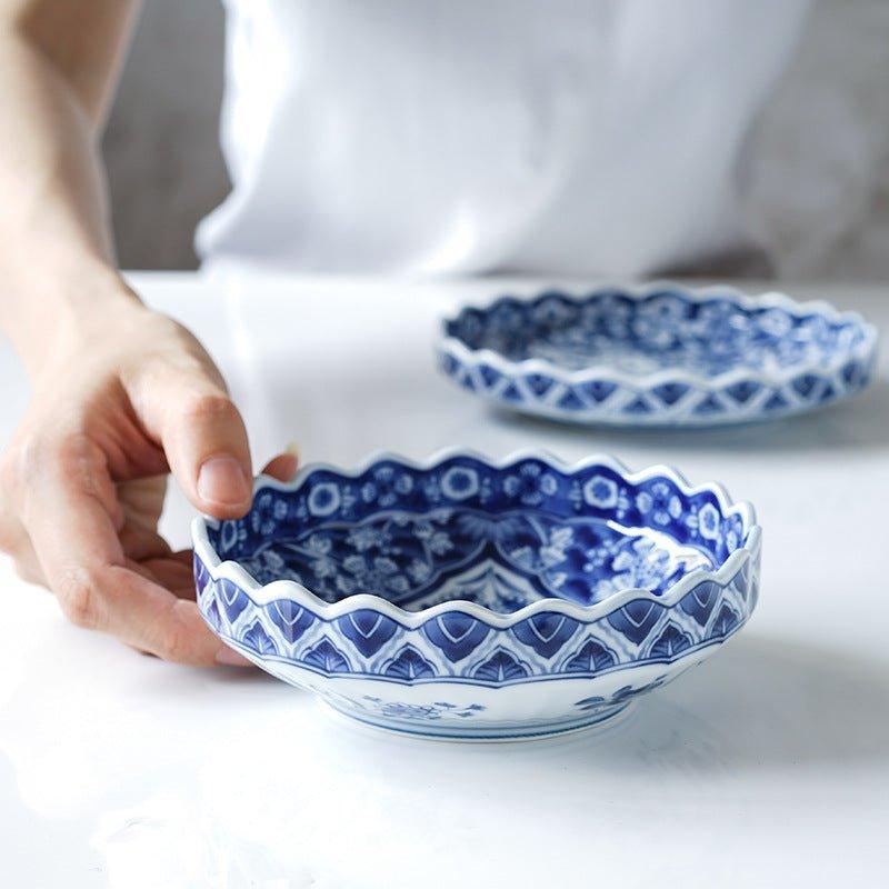 Blue and White Ceramic Bowl and Plate Japanese Handcrafted Traditional Nature Floral Design