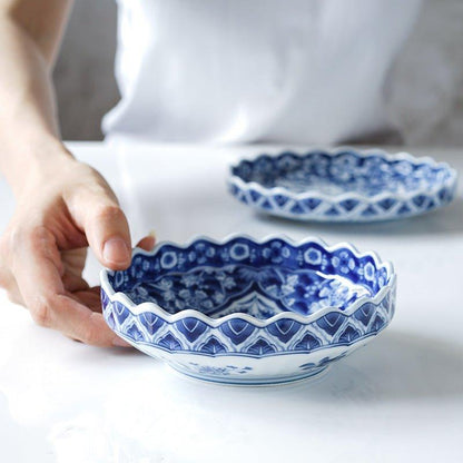 Blue and White Ceramic Bowl and Plate Japanese Handcrafted Traditional Nature Floral Design