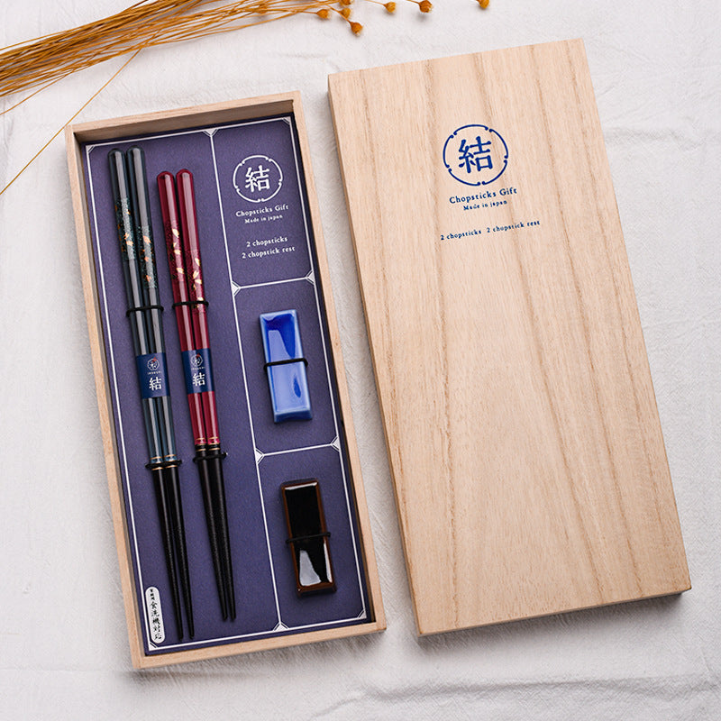 Wooden Chopsticks Wedding Gift Set Ayaka Japanese Handcrafted His and Hers with Rests and Wooden Box