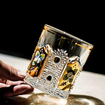 Whisky Glasses Bohemia Enchanted Blossom Cut Crystal Gold Enamel Floral Czech Crystal Whisky Glass Gift Set of 2