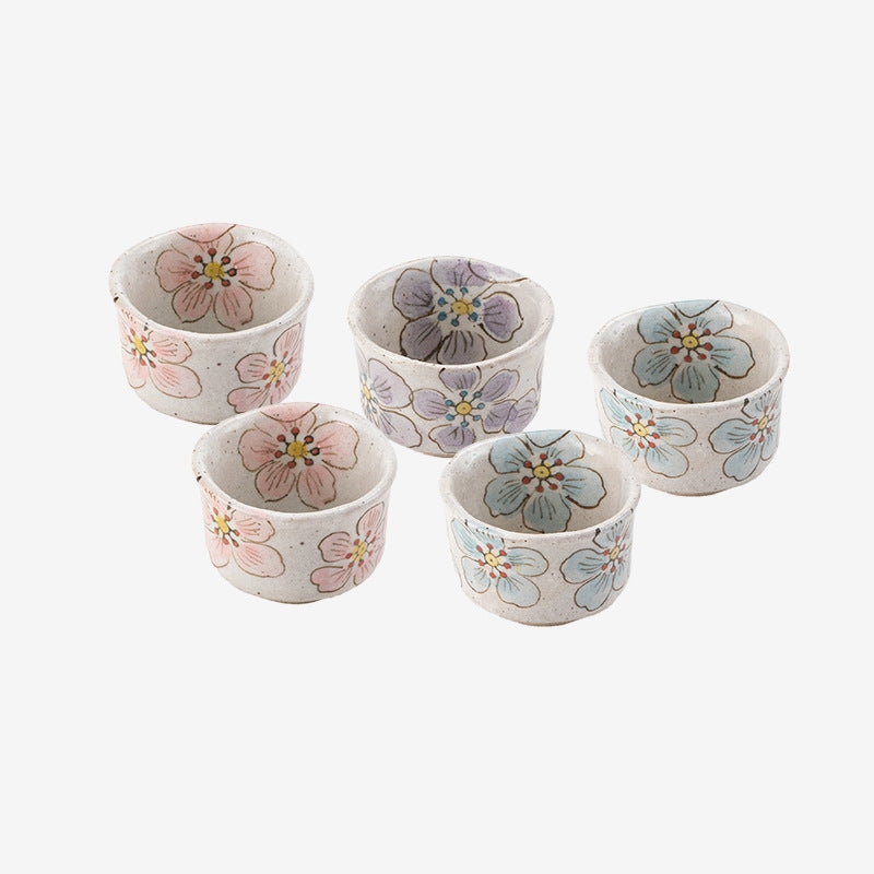 Tea Cup Set of 5 – Mino Ware Hana-Nagare Floral Painted