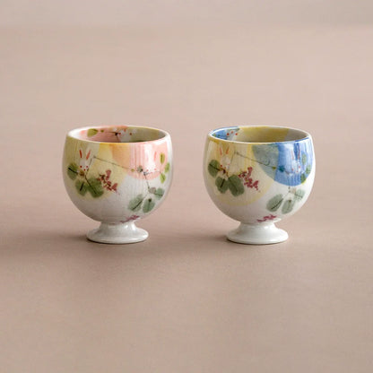 Sake Cups Set for 2 | Seto Ware Rabbit & Flower Couple Cups