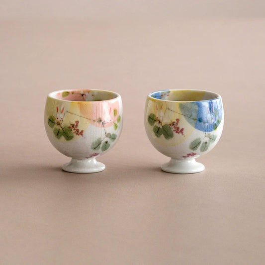 Sake Cups Set for 2 | Seto Ware Rabbit & Flower Couple Cups