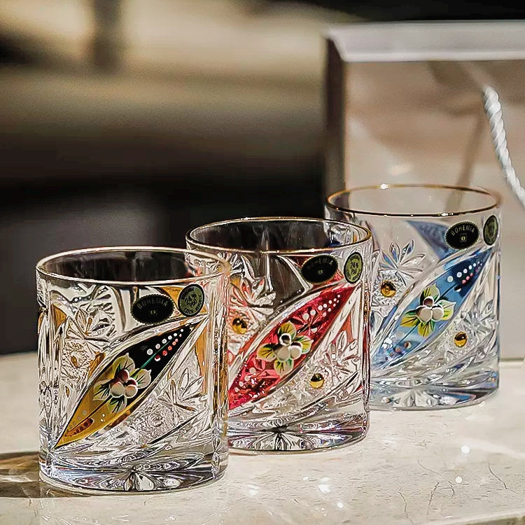 Whisky Glasses Bohemia Floral Enamel Crystal Hand-Painted Gold Gilt Czech Crystal Whisky Glass Gift Set of 2