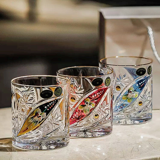 Whisky Glasses Bohemia Floral Enamel Crystal Hand-Painted Gold Gilt Czech Crystal Whisky Glass Gift Set of 2