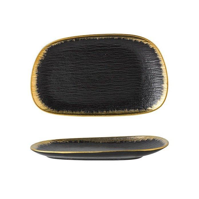 Ceramic Rectangular Plate – Matte Black White Gold Rim