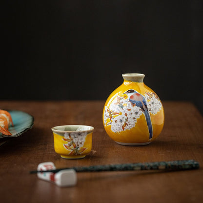 Japanese Sake Set – Kutaniyaki Yellow Sparrow Ceramic