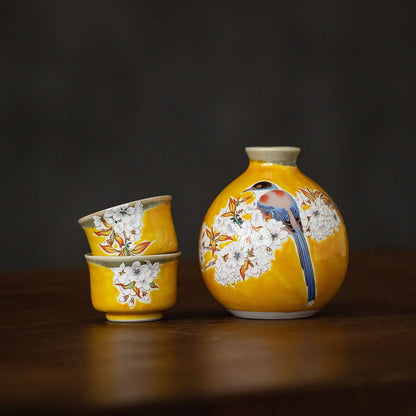 Japanese Sake Set – Kutaniyaki Yellow Sparrow Ceramic